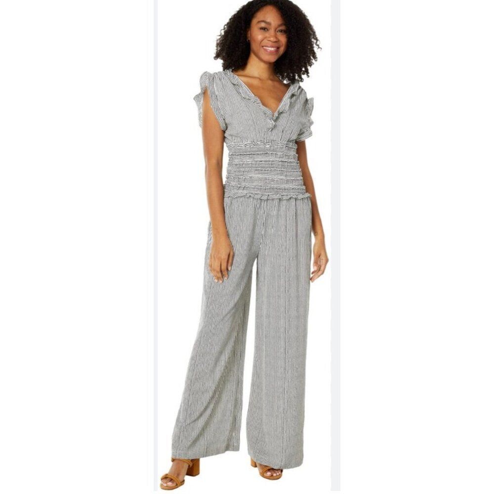 Max Studio Women's Black & White Striped Ruffle Wide Leg Jumpsuit Size XS